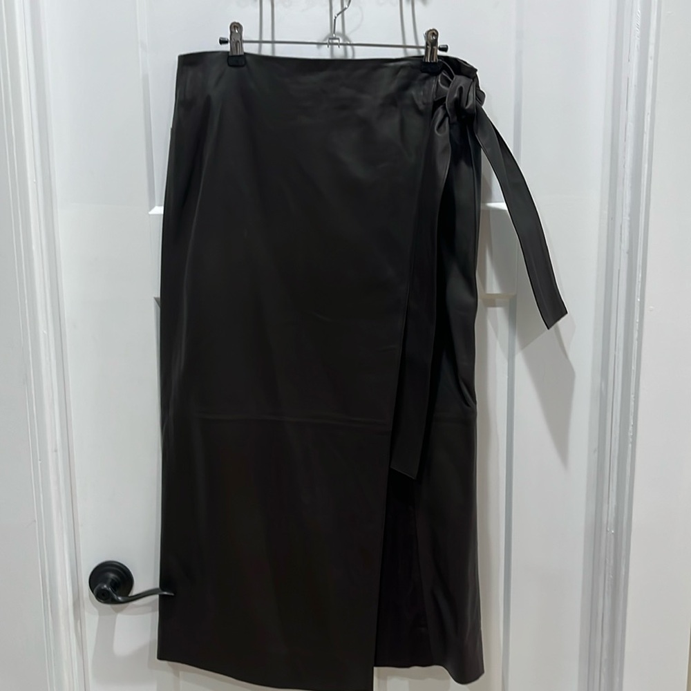 COS long brown wrap around leather pencil skirt size 10